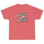 Women's coral silk Delulu Is the Solulu graphic tee with stylish retro quote graphic.
