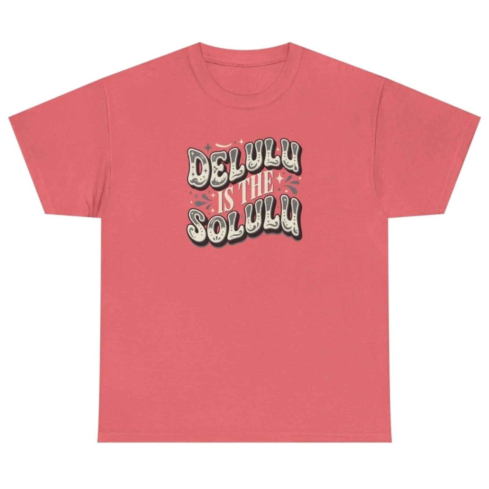 Women's coral silk Delulu Is the Solulu graphic tee with stylish retro quote graphic.
