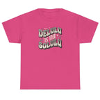 Women's heliconia pink Delulu Is the Solulu graphic tee featuring a fun retro inspirational design.