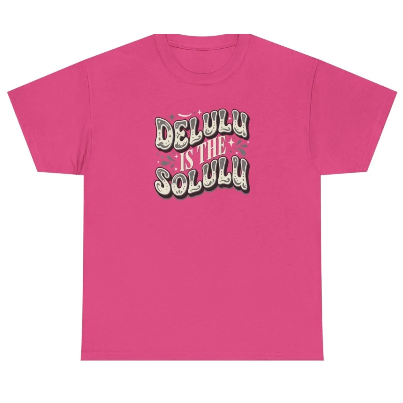Women's heliconia pink Delulu Is the Solulu graphic tee featuring a fun retro inspirational design.