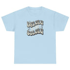Women's light blue Delulu Is the Solulu graphic tee with playful vintage typography print.