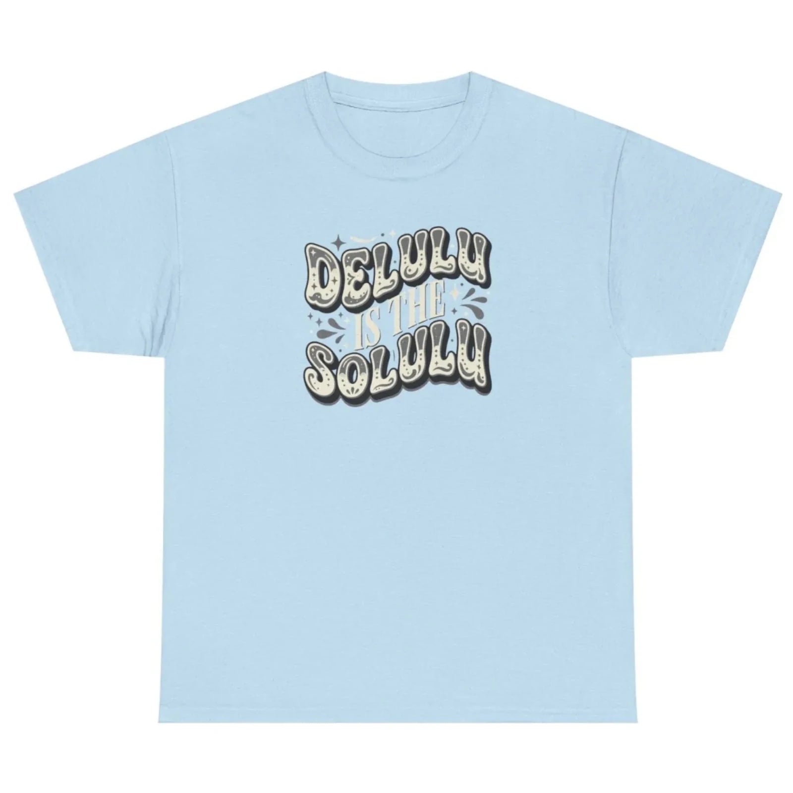 Women's light blue Delulu Is the Solulu graphic tee with playful vintage typography print.