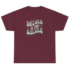Women's maroon Delulu Is the Solulu graphic tee featuring a trendy retro graphic quote.