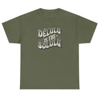 Women's military green Delulu Is the Solulu graphic tee with vintage-inspired statement graphic.