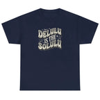 Women's navy Delulu Is the Solulu graphic tee featuring a retro motivational quote design.