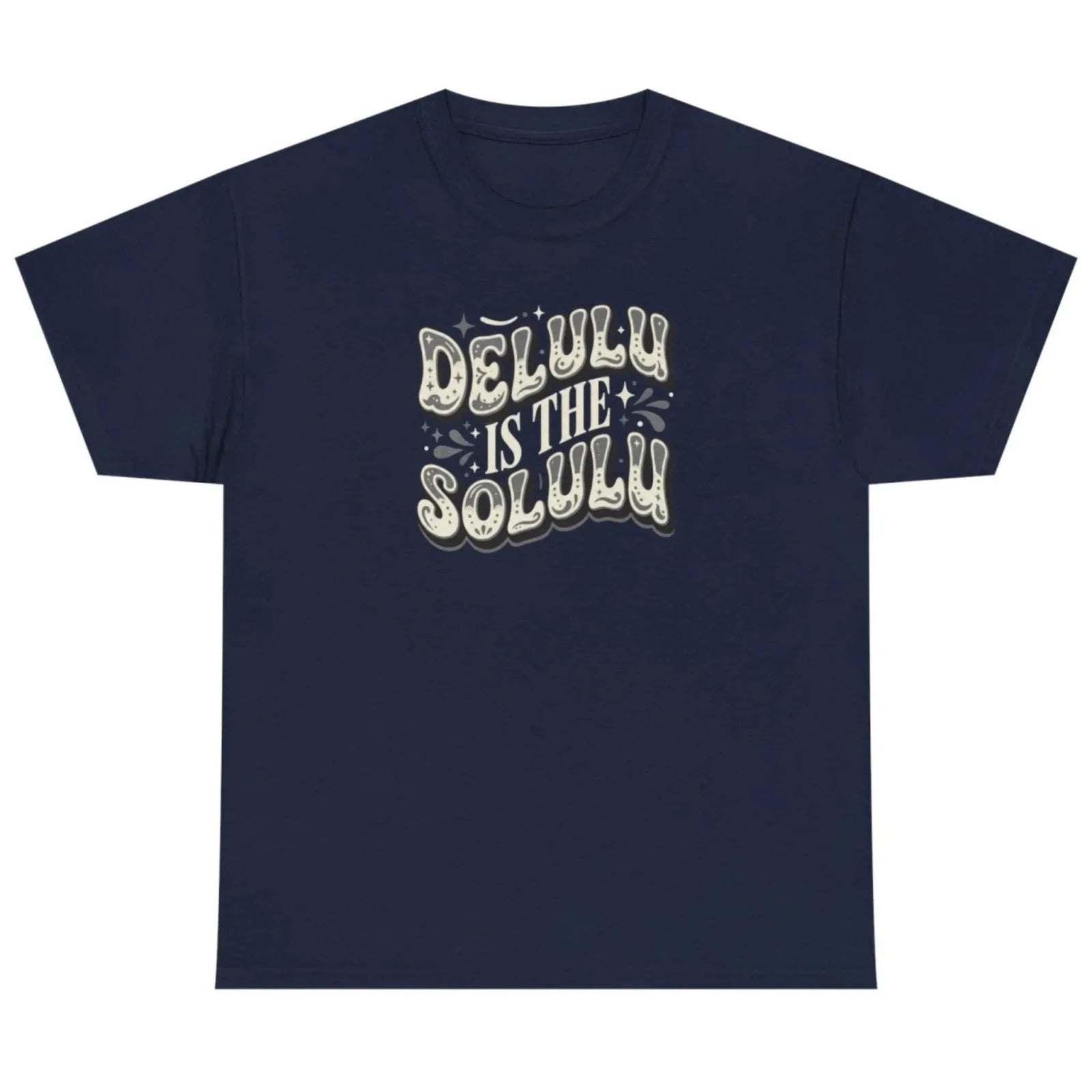 Women's navy Delulu Is the Solulu graphic tee featuring a retro motivational quote design.