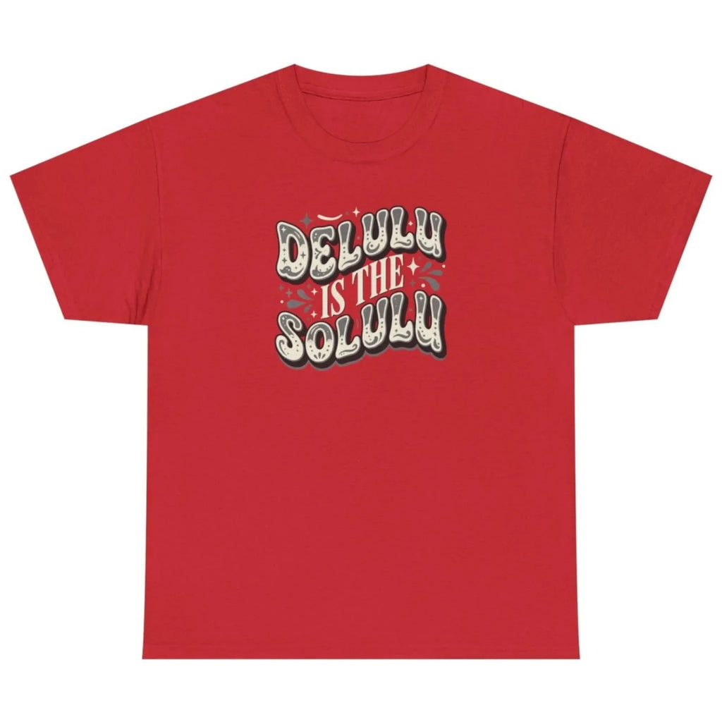 Women's red Delulu Is the Solulu graphic tee with bold retro typography graphic print.