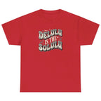Women's red Delulu Is the Solulu graphic tee with bold retro typography graphic print.