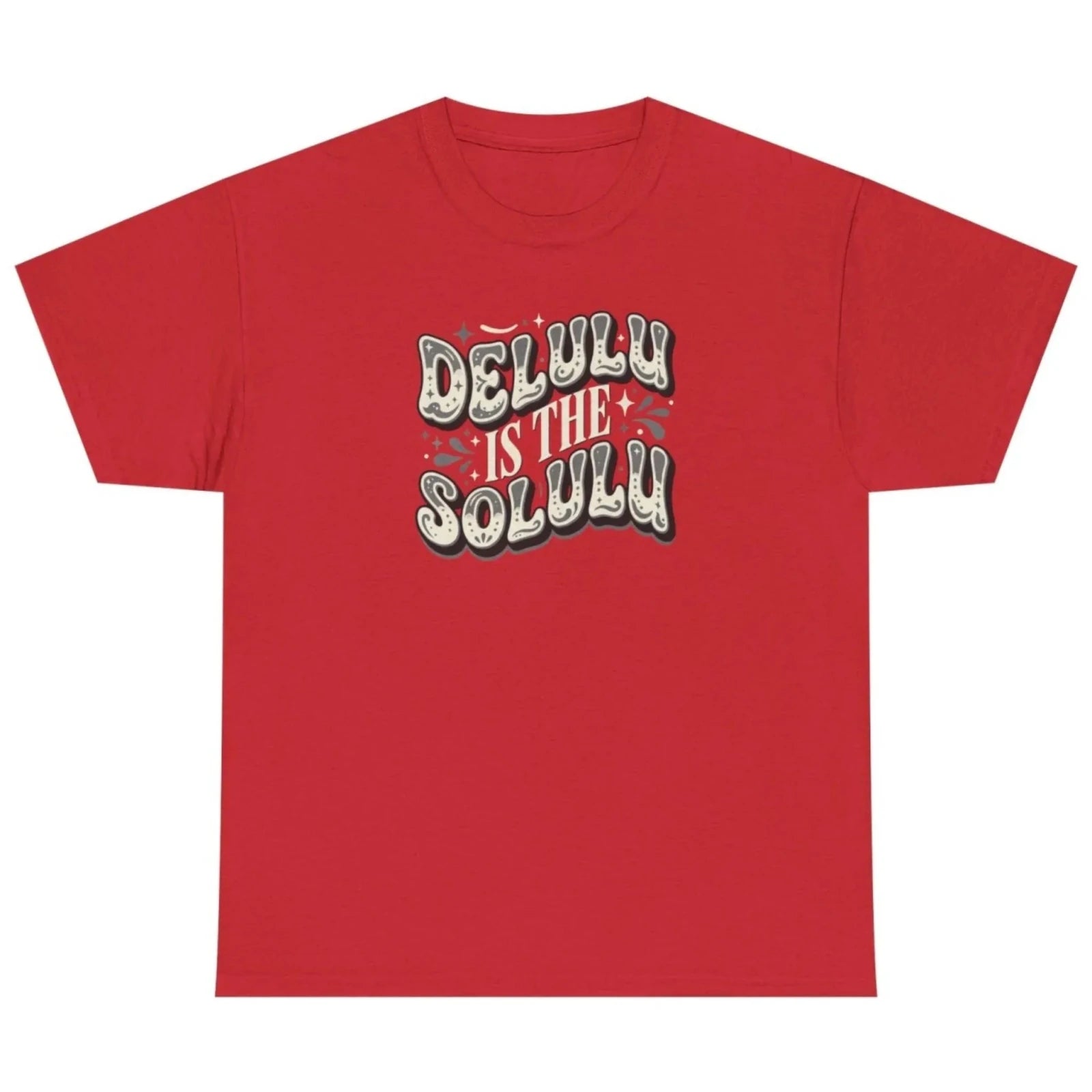 Women's red Delulu Is the Solulu graphic tee with bold retro typography graphic print.