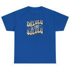 Women's royal blue Delulu Is the Solulu graphic tee featuring a fun vintage slogan design.