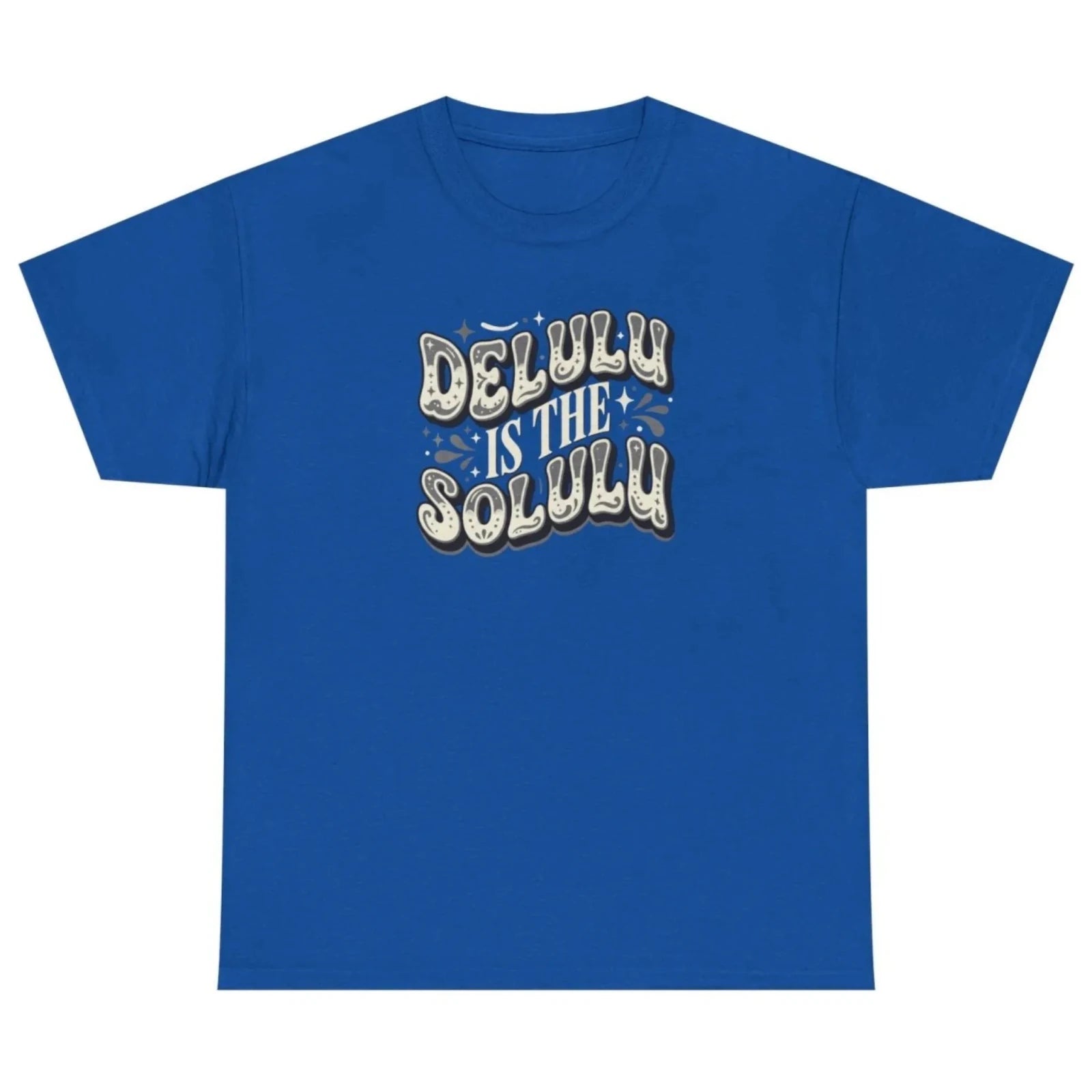 Women's royal blue Delulu Is the Solulu graphic tee featuring a fun vintage slogan design.