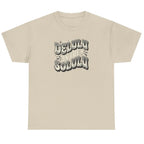 Women's sand Delulu Is the Solulu graphic tee with retro-inspired motivational lettering.