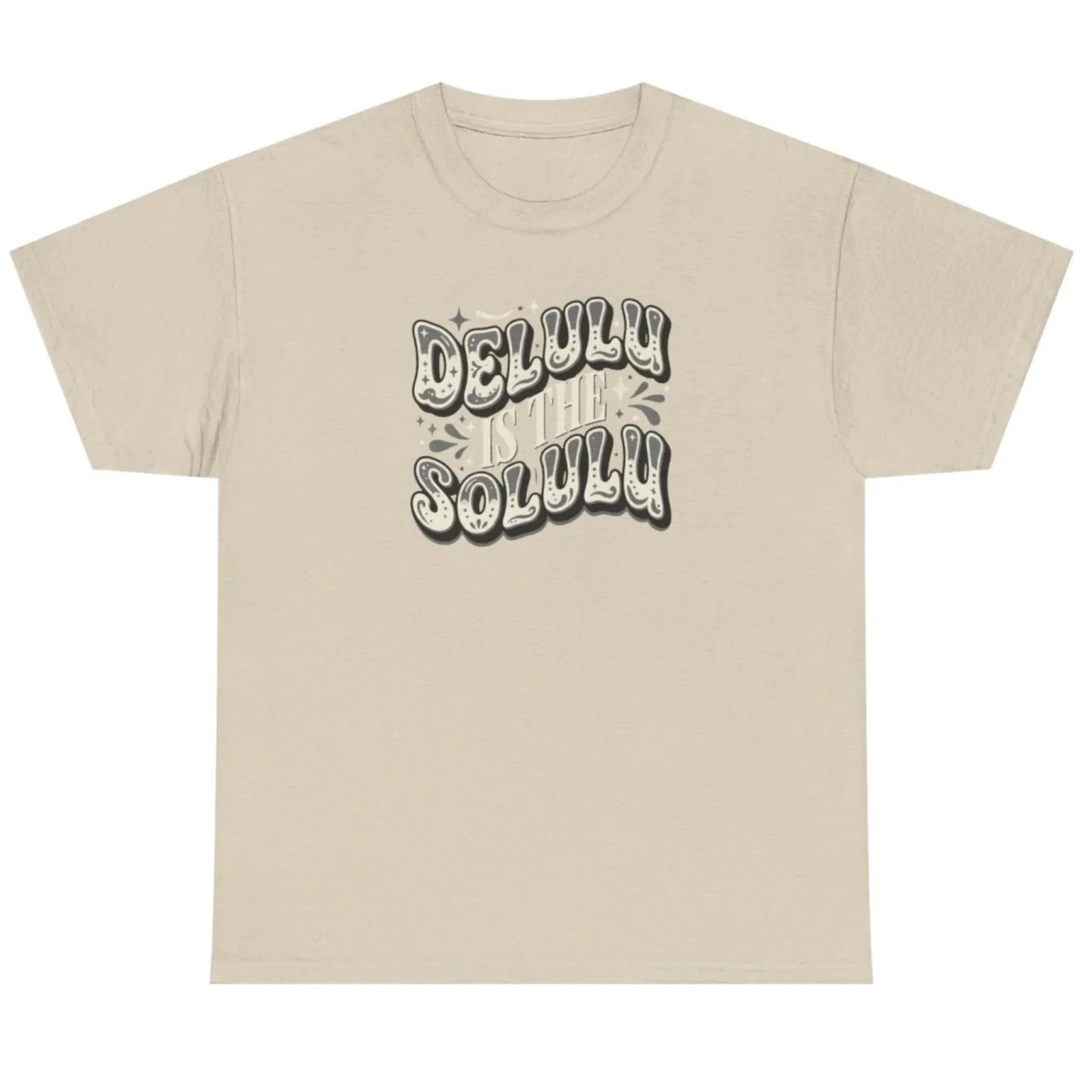 Women's sand Delulu Is the Solulu graphic tee with retro-inspired motivational lettering.
