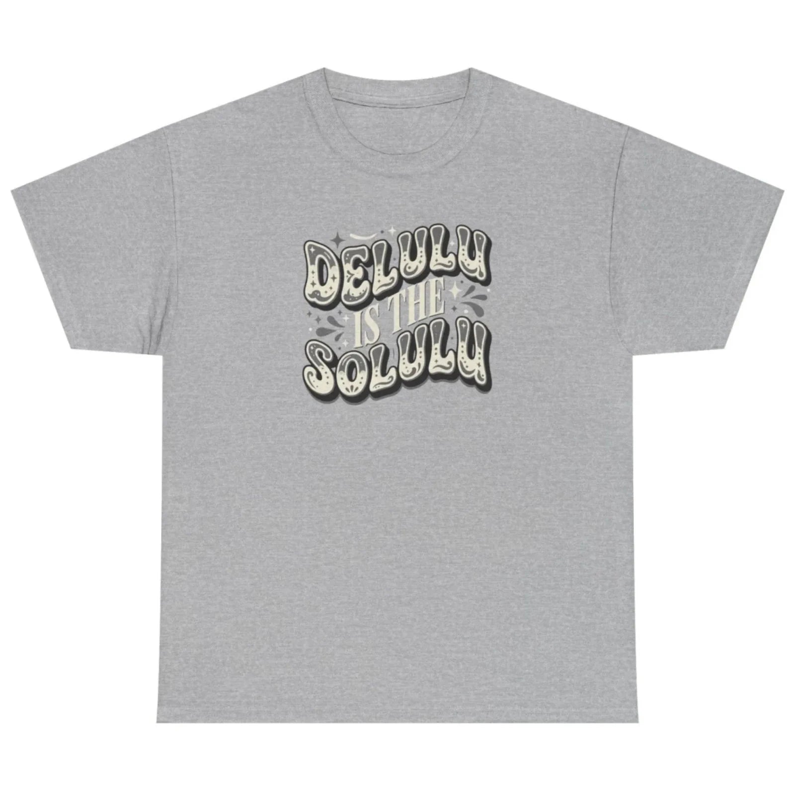 Women's sport grey Delulu Is the Solulu graphic tee featuring a stylish vintage quote graphic.