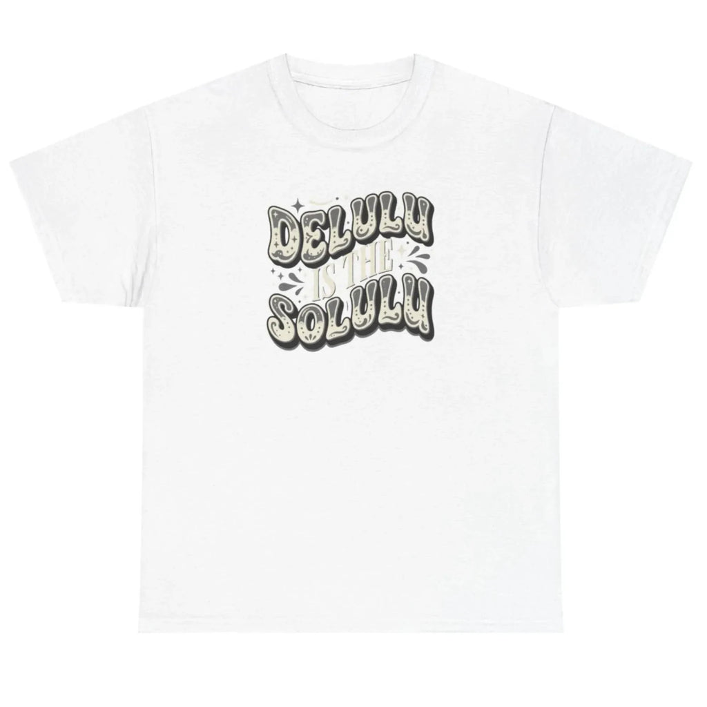 Women's white Delulu Is the Solulu graphic tee with retro motivational typography design.