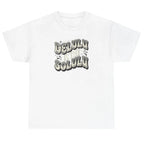 Women's white Delulu Is the Solulu graphic tee with retro motivational typography design.