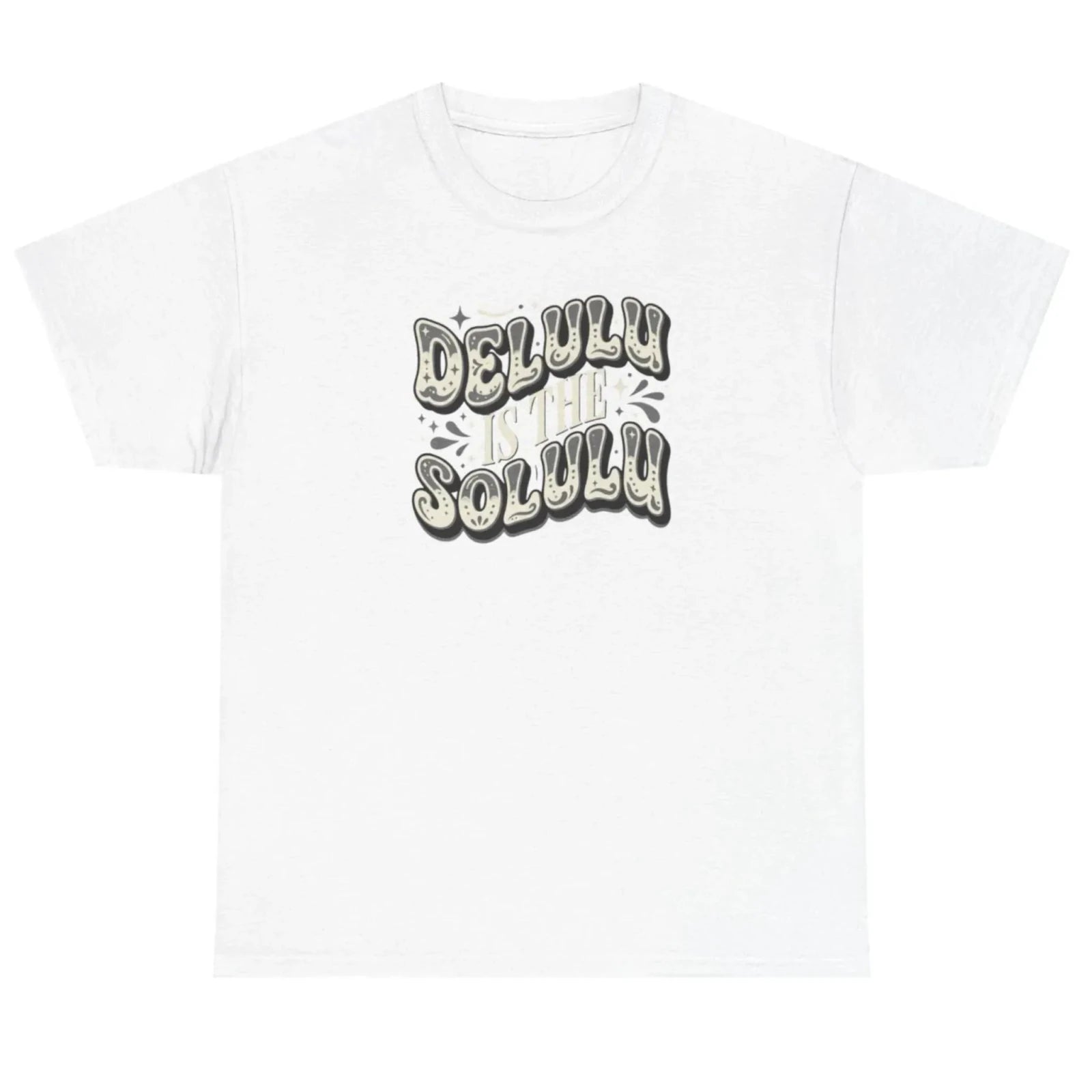 Women's white Delulu Is the Solulu graphic tee with retro motivational typography design.
