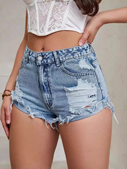 Distressed Raw Hem Denim Shorts - Light Wash-Trendsi - Solazura Boutique