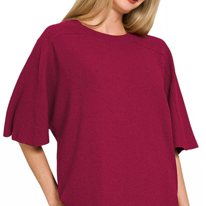 Detailed view of the structured double-knit fabric on the Zenana Cabernet top.