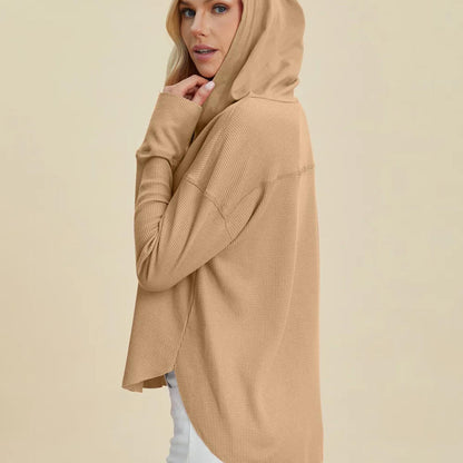 Back view of the camel hoodie, demonstrating the generous fit and high-quality construction.