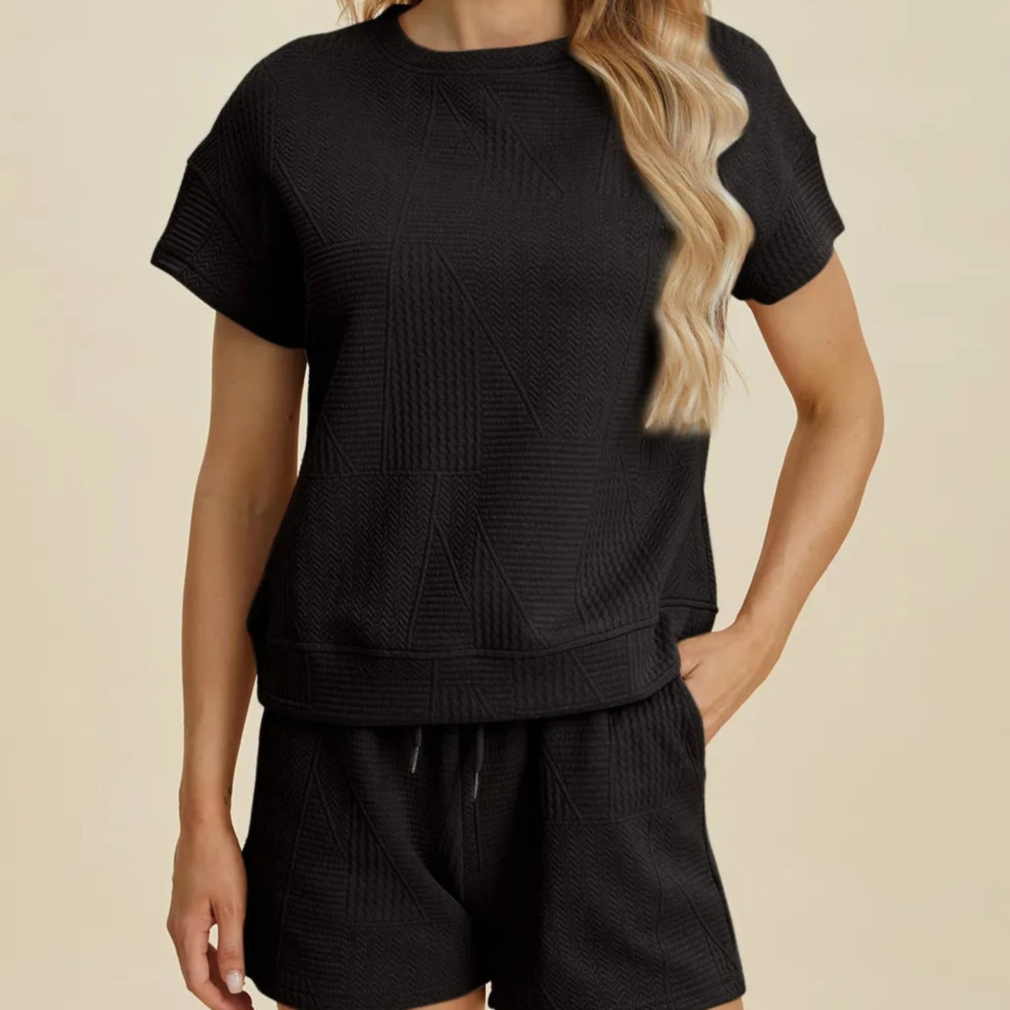 Double Take Textured Short Sleeve Top & Shorts Set-Trendsi - Solazura Boutique