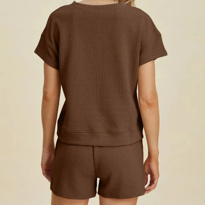 Double Take Textured Short Sleeve Top & Shorts Set-Trendsi - Solazura Boutique