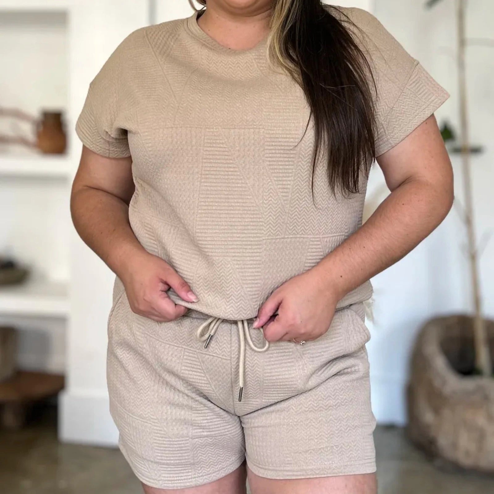 Double Take Textured Short Sleeve Top & Shorts Set-Trendsi - Solazura Boutique