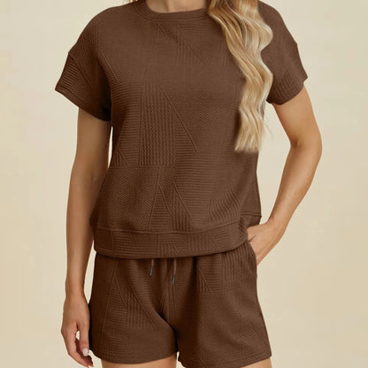 Double Take Textured Short Sleeve Top & Shorts Set-Trendsi - Solazura Boutique
