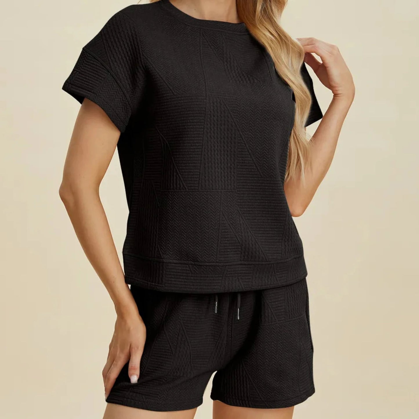 Double Take Textured Short Sleeve Top & Shorts Set-Trendsi - Solazura Boutique