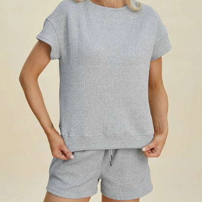 Double Take Textured Short Sleeve Top & Shorts Set-Trendsi - Solazura Boutique