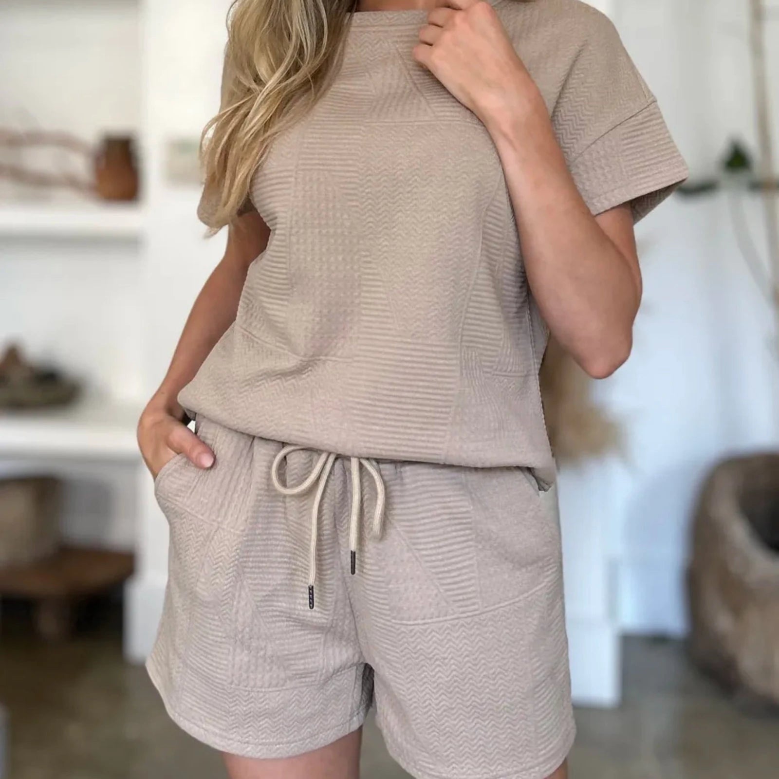 Double Take Textured Short Sleeve Top & Shorts Set-Trendsi - Solazura Boutique