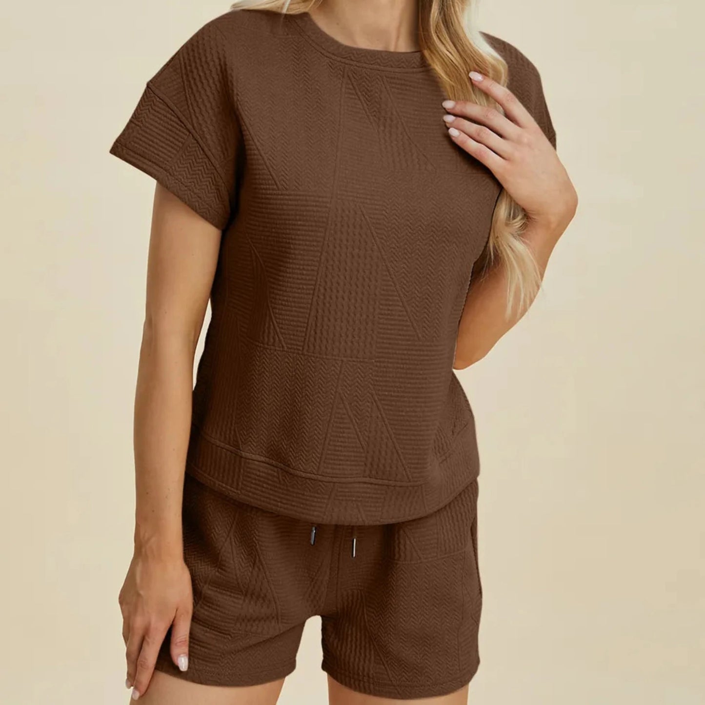 Double Take Textured Short Sleeve Top & Shorts Set-Trendsi - Solazura Boutique