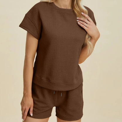 Double Take Textured Short Sleeve Top & Shorts Set-Trendsi - Solazura Boutique