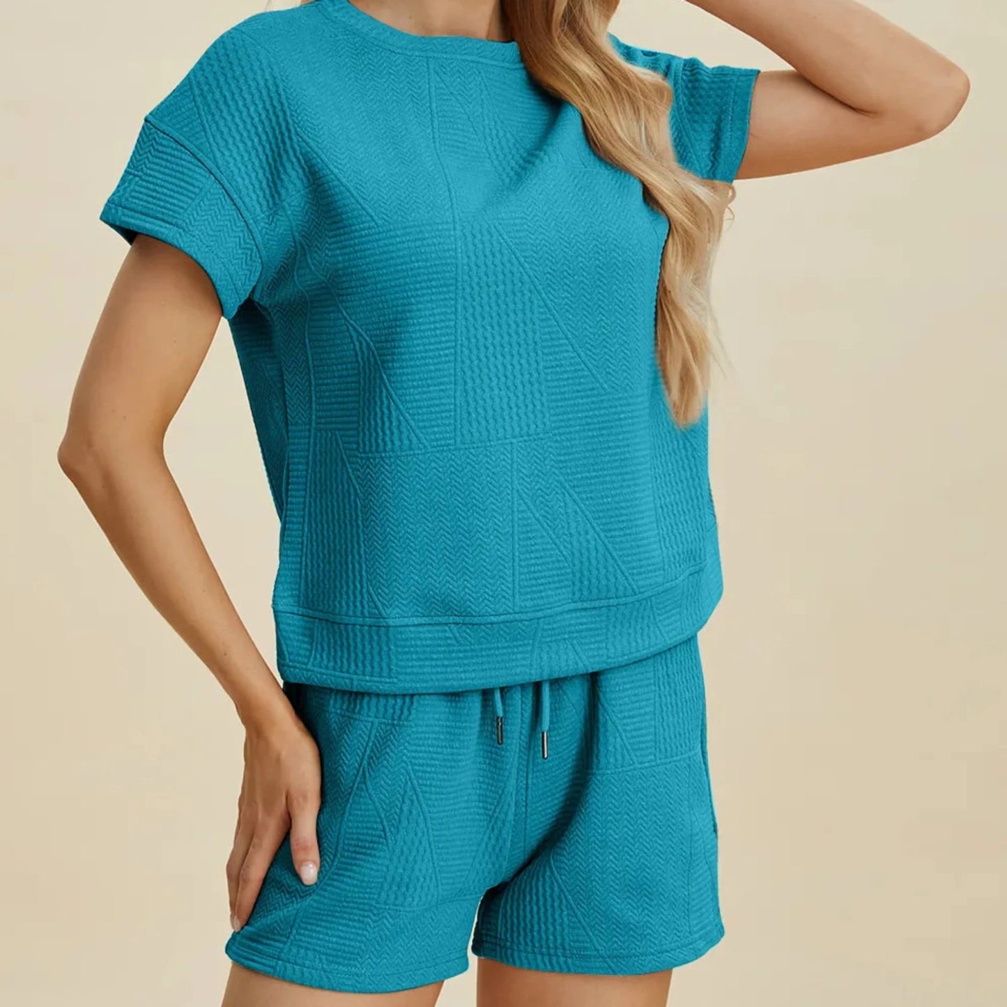 Double Take Textured Short Sleeve Top & Shorts Set-Trendsi - Solazura Boutique