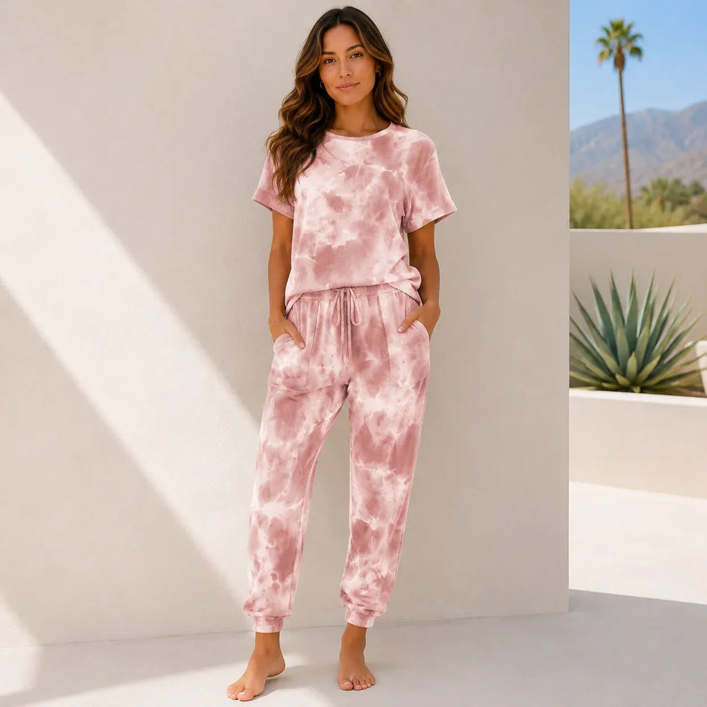Women's dusty rose tie-dye short sleeve lounge set with soft jogger pants and pockets.
