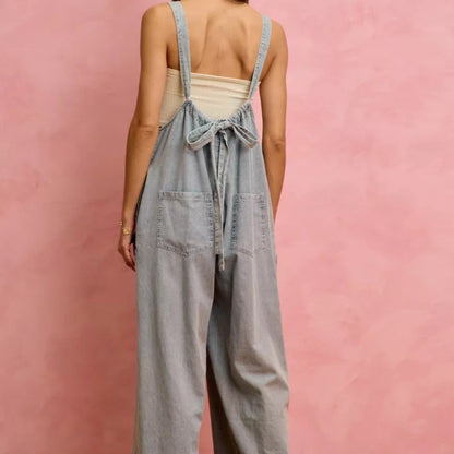 O ME Wide Leg Lightweight Denim Overalls in Light Denim - Back View 