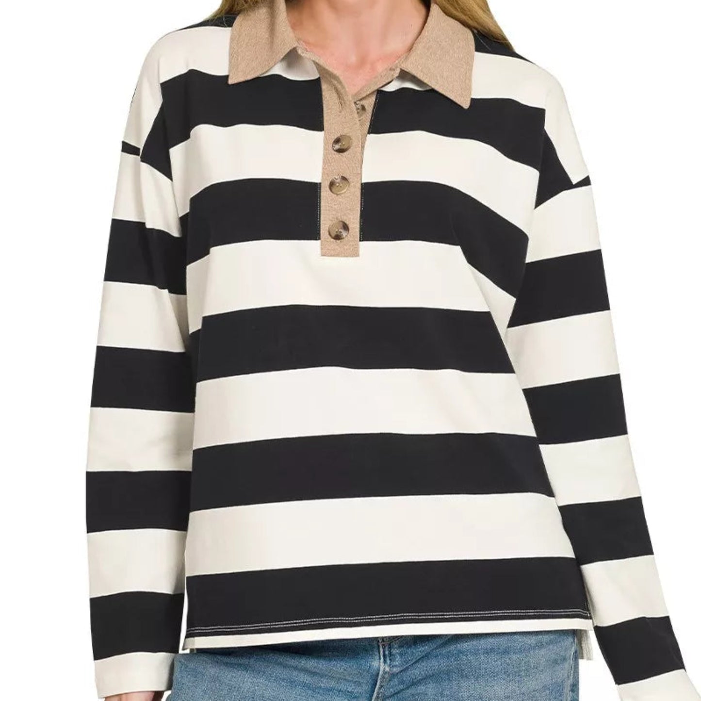 Front view of a casual striped knit polo top with a contrast collar from Solazura Boutique