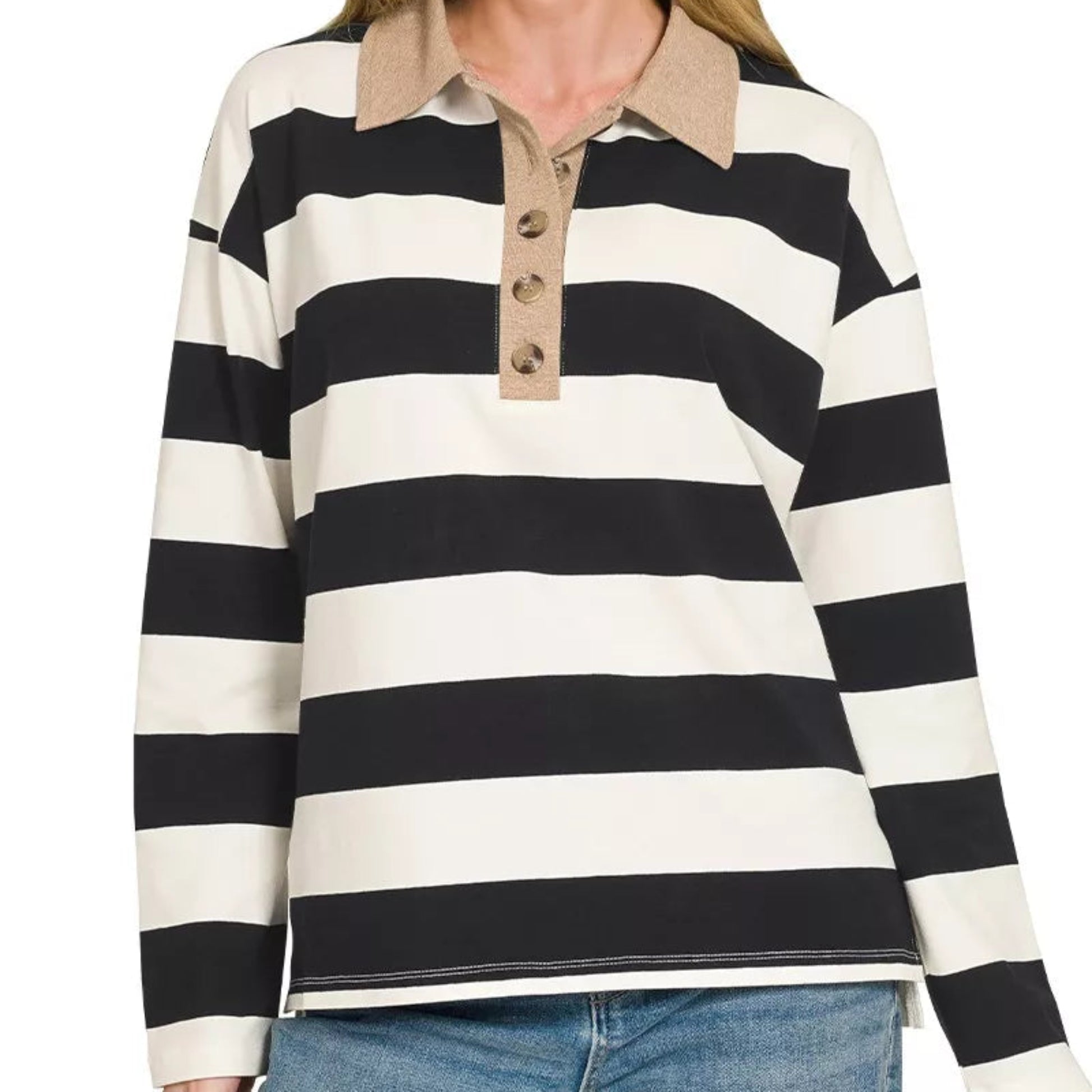 Front view of a casual striped knit polo top with a contrast collar from Solazura Boutique