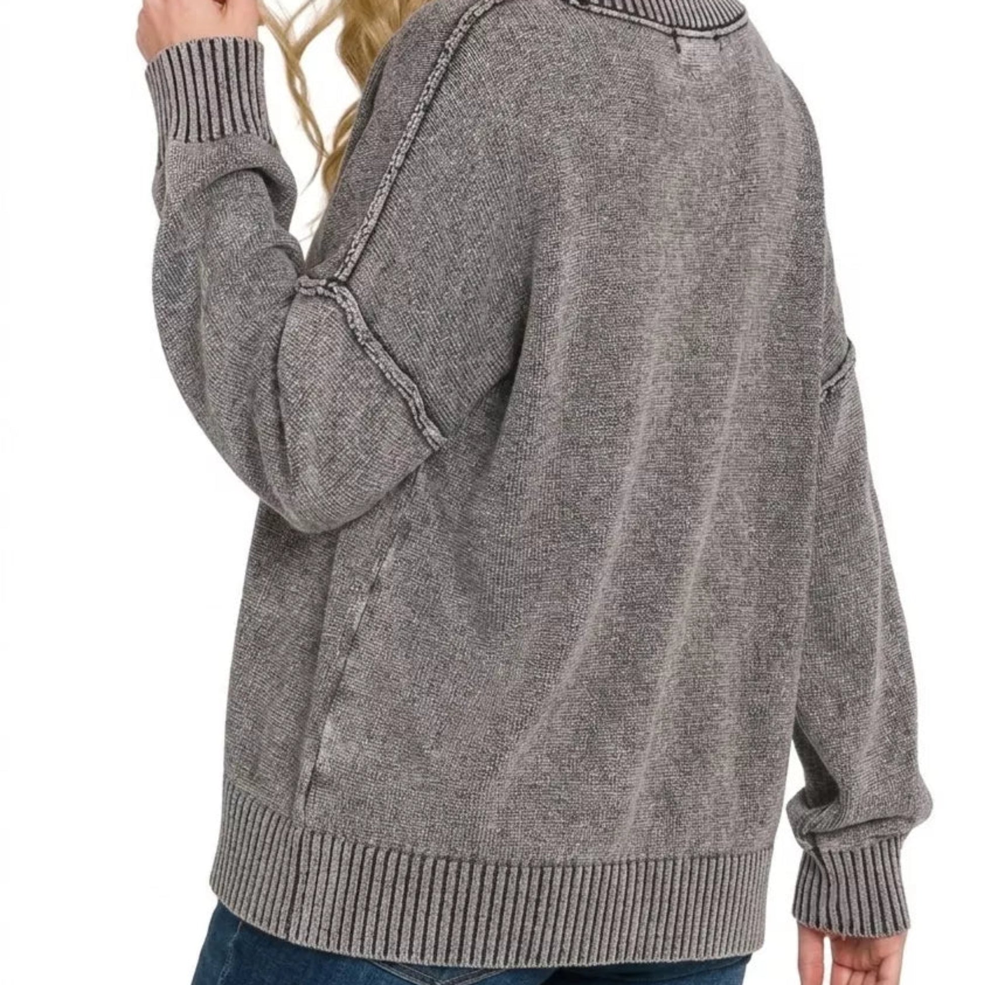 Close up detail of the mineral washed knit fabric on an oversized Zenana sweater from Solazura Boutique