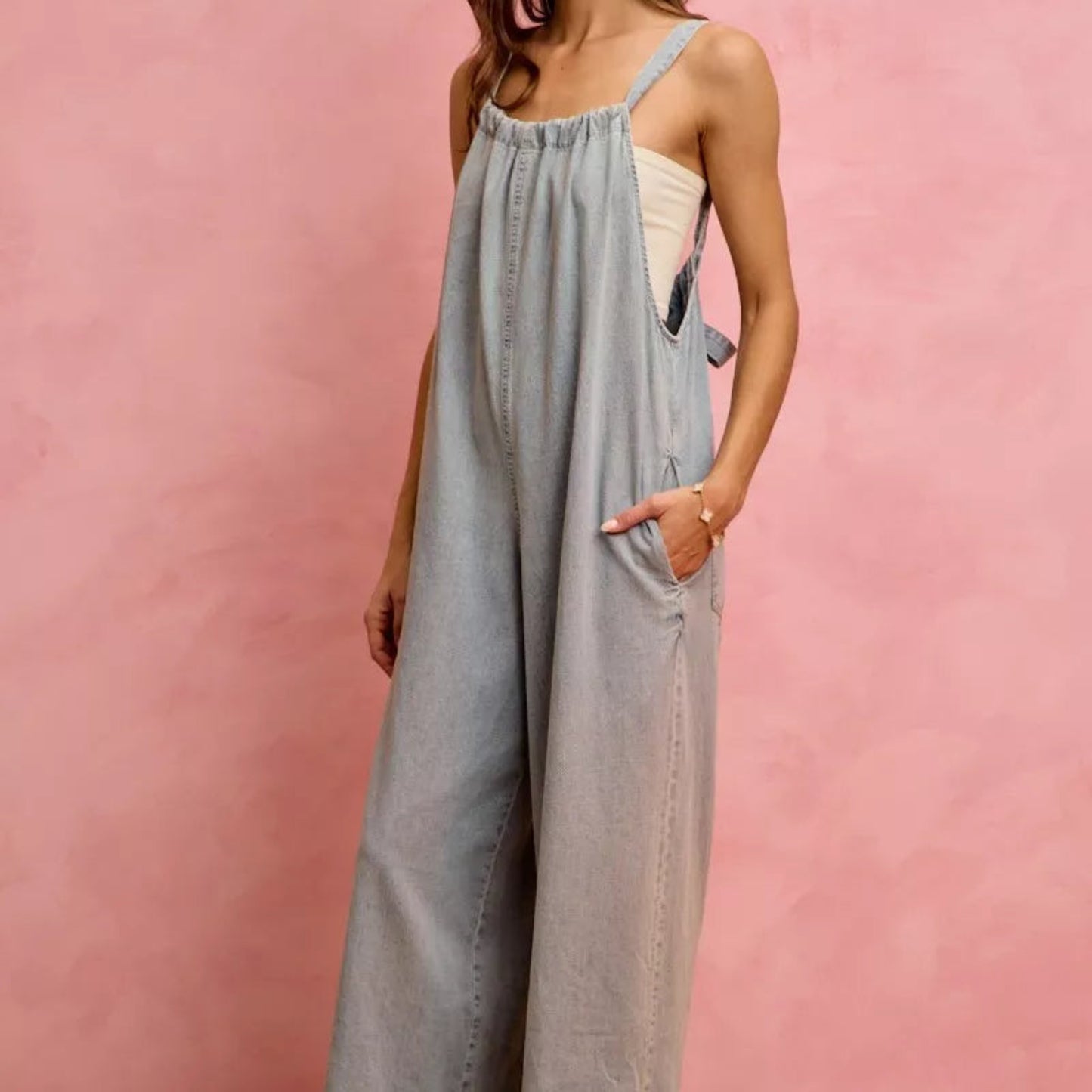 SO ME Wide Leg Lightweight Denim Overalls in Light Denim - Lifestyle View 4