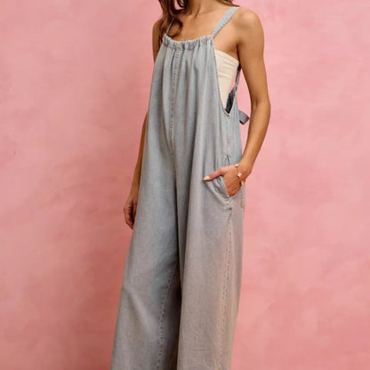 SO ME Wide Leg Lightweight Denim Overalls in Light Denim - Lifestyle View 4