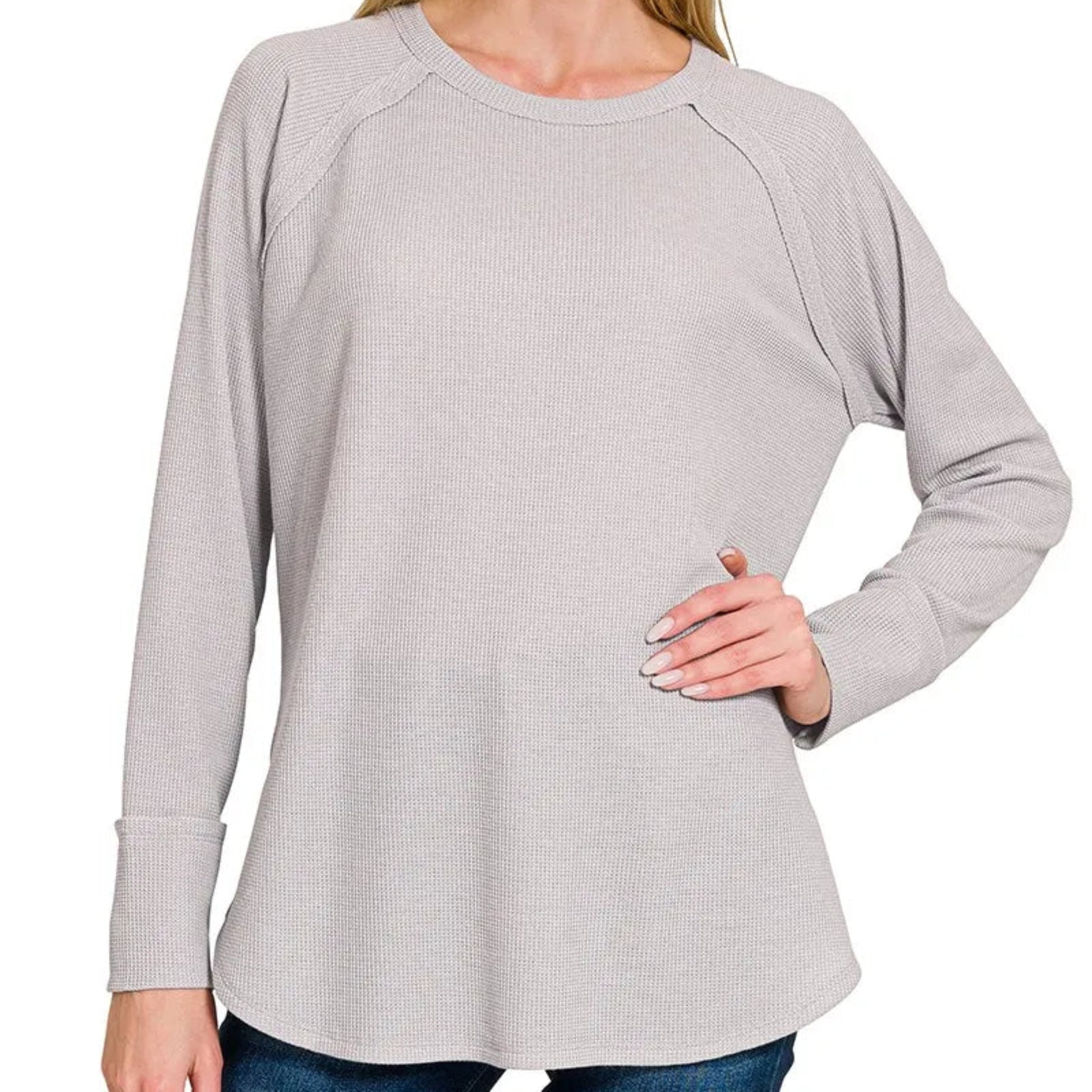 Front view of a casual Zenana baby waffle knit long sleeve top from Solazura Boutique