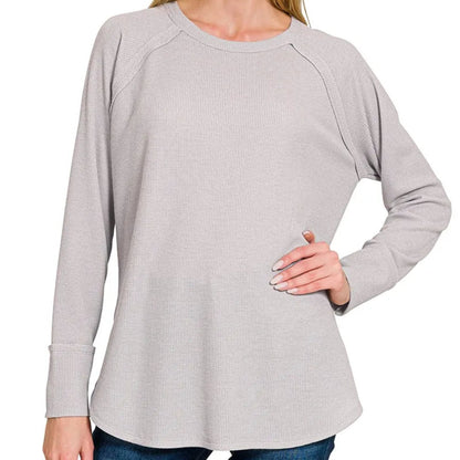 Front view of a casual Zenana baby waffle knit long sleeve top from Solazura Boutique