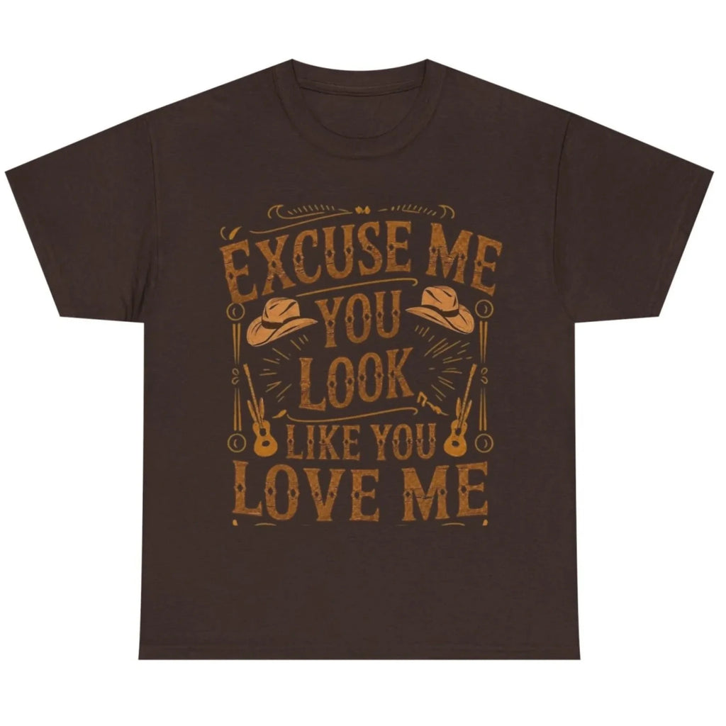 Dark chocolate graphic t-shirt featuring the "Excuse Me You Look Like You Love Me" western-inspired graphic with cowboy hats and guitars.