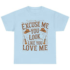 Light blue graphic t-shirt featuring the "Excuse Me You Look Like You Love Me" western-inspired graphic with cowboy hats and guitars.