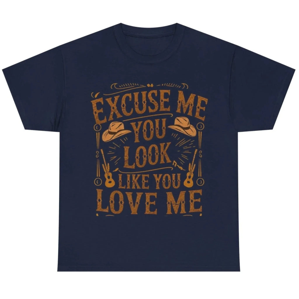 Navy graphic t-shirt featuring the "Excuse Me You Look Like You Love Me" western-inspired graphic with cowboy hats and guitars.