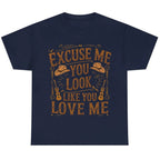Navy graphic t-shirt featuring the "Excuse Me You Look Like You Love Me" western-inspired graphic with cowboy hats and guitars.