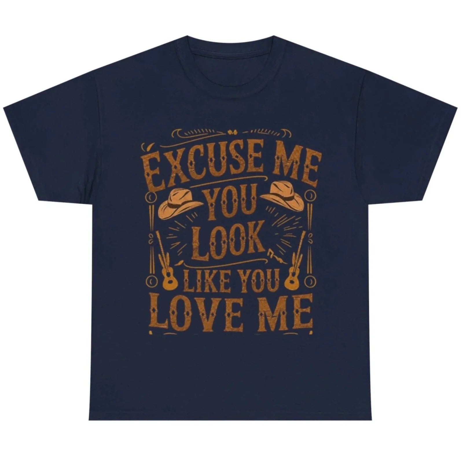 Navy graphic t-shirt featuring the "Excuse Me You Look Like You Love Me" western-inspired graphic with cowboy hats and guitars.