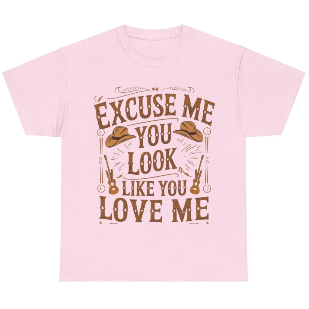 Light pink graphic t-shirt featuring the "Excuse Me You Look Like You Love Me" western-inspired graphic with cowboy hats and guitars.