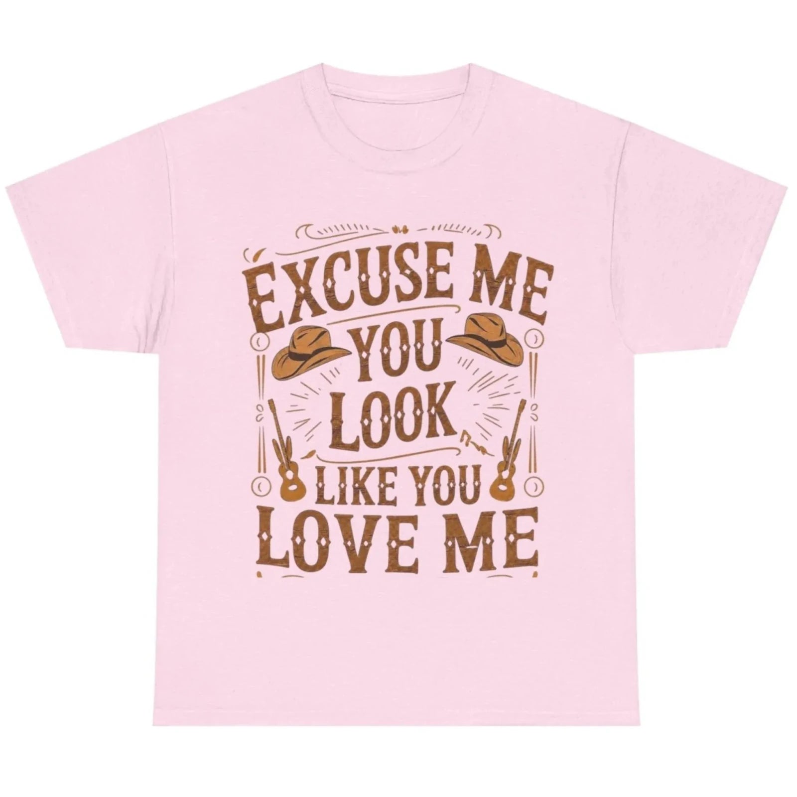 Light pink graphic t-shirt featuring the "Excuse Me You Look Like You Love Me" western-inspired graphic with cowboy hats and guitars.